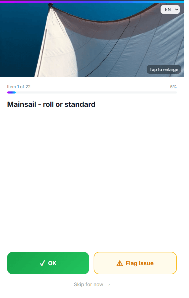 Mobile checklist item with OK or Flag Issue buttons