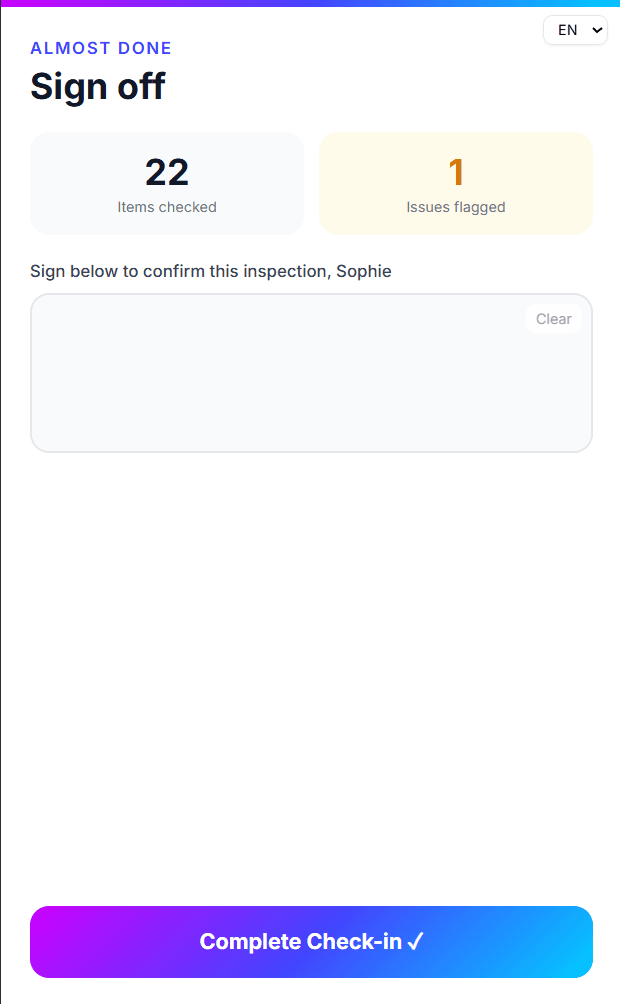 CICO mobile sign-off screen with signature pad