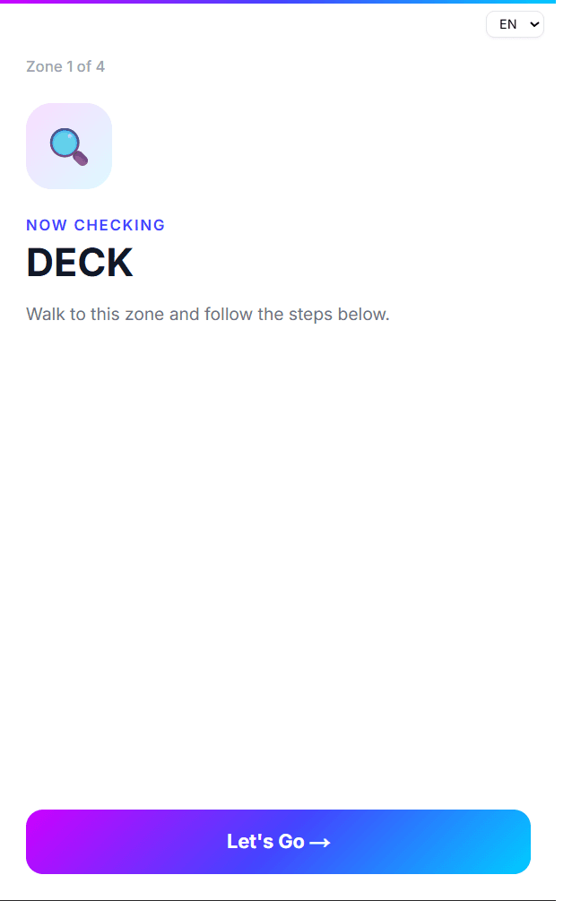 CICO mobile zone intro screen showing 'Now checking: DECK'